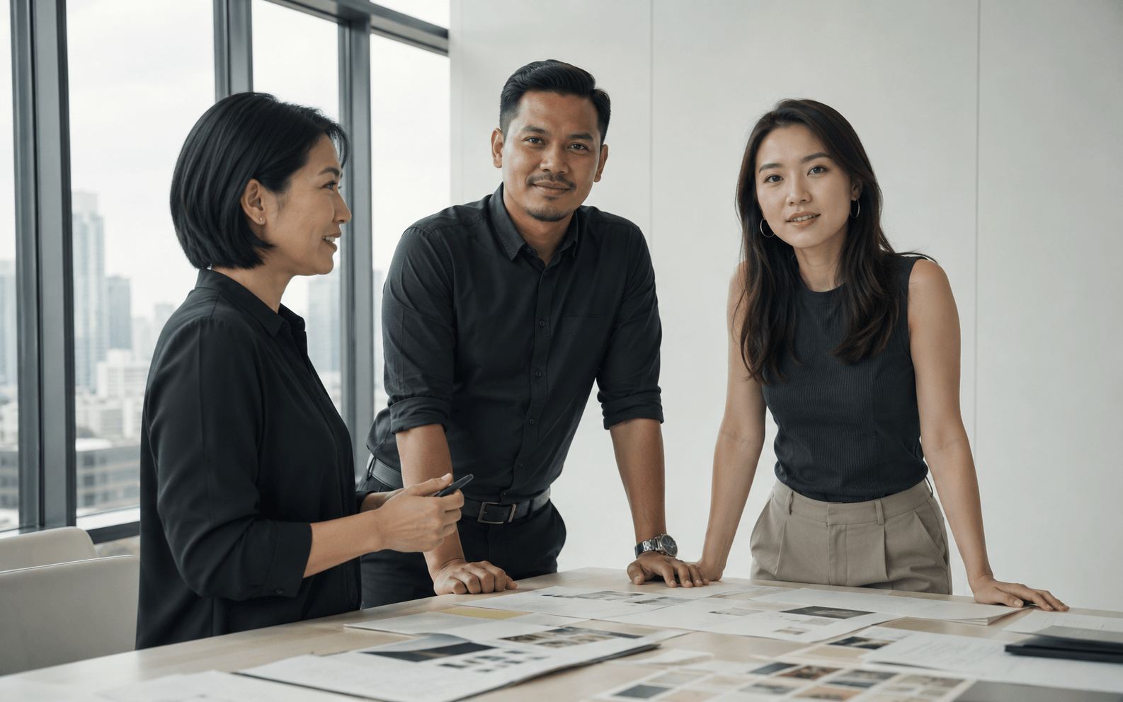 Three agency colleagues in discussion around a meeting table