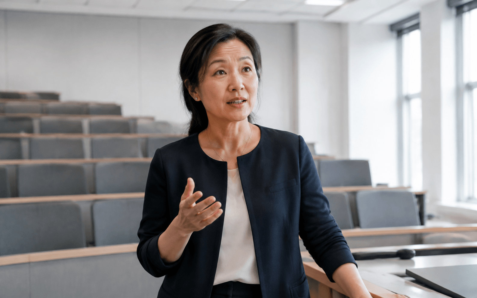 An instructor teaching at the front of a lecture room